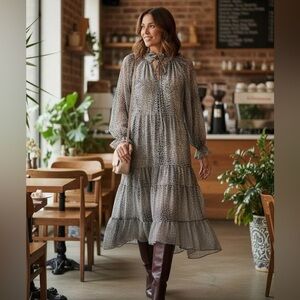 VICI LEOPARD PRINT SHEER RUFFLE TIE FRONT V-NECK COTTAGECORE MAXI DRESS SZ S-M